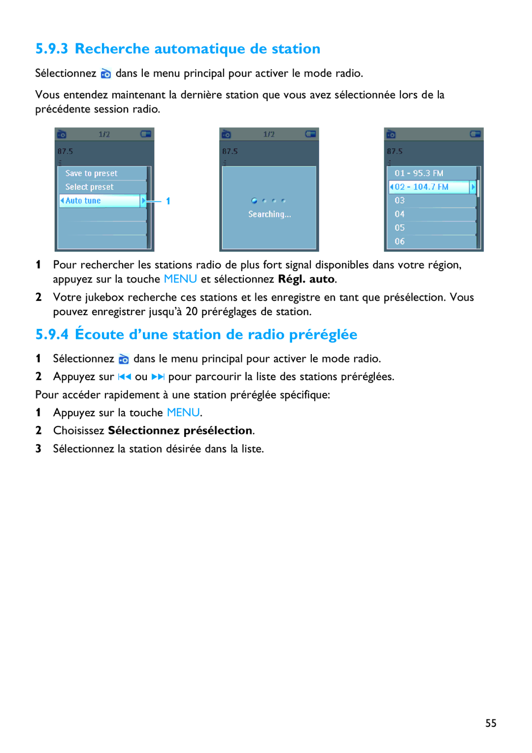 Philips SA5125 manual Recherche automatique de station, 4 Écoute d’une station de radio préréglée 