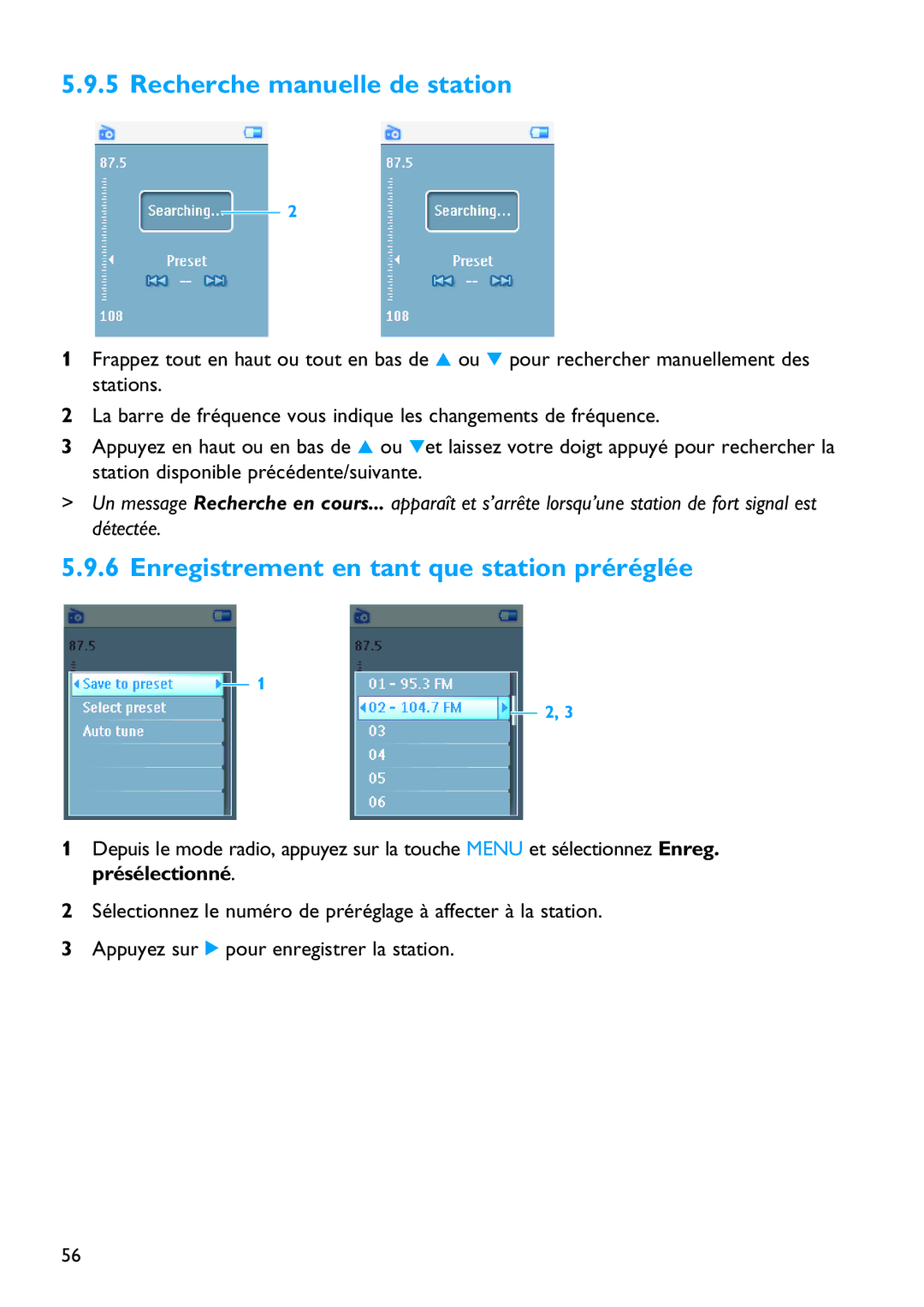 Philips SA5125 manual Recherche manuelle de station, Enregistrement en tant que station préréglée 