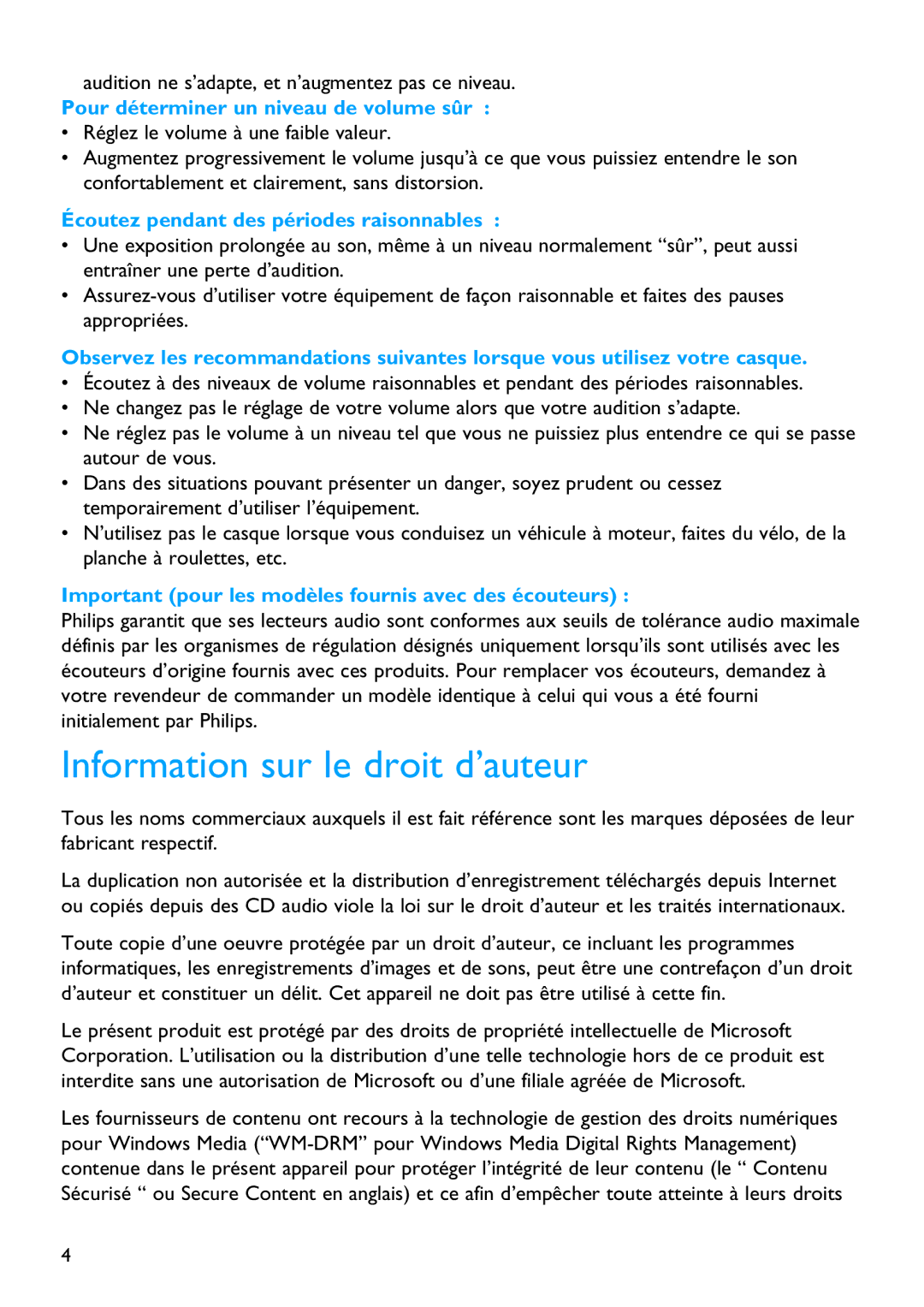 Philips SA5125 manual Information sur le droit d’auteur, Pour déterminer un niveau de volume sûr 