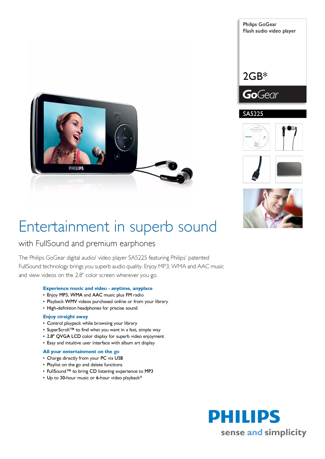 Philips SA5225/02 manual Experience music and video anytime, anyplace, Enjoy straight away 