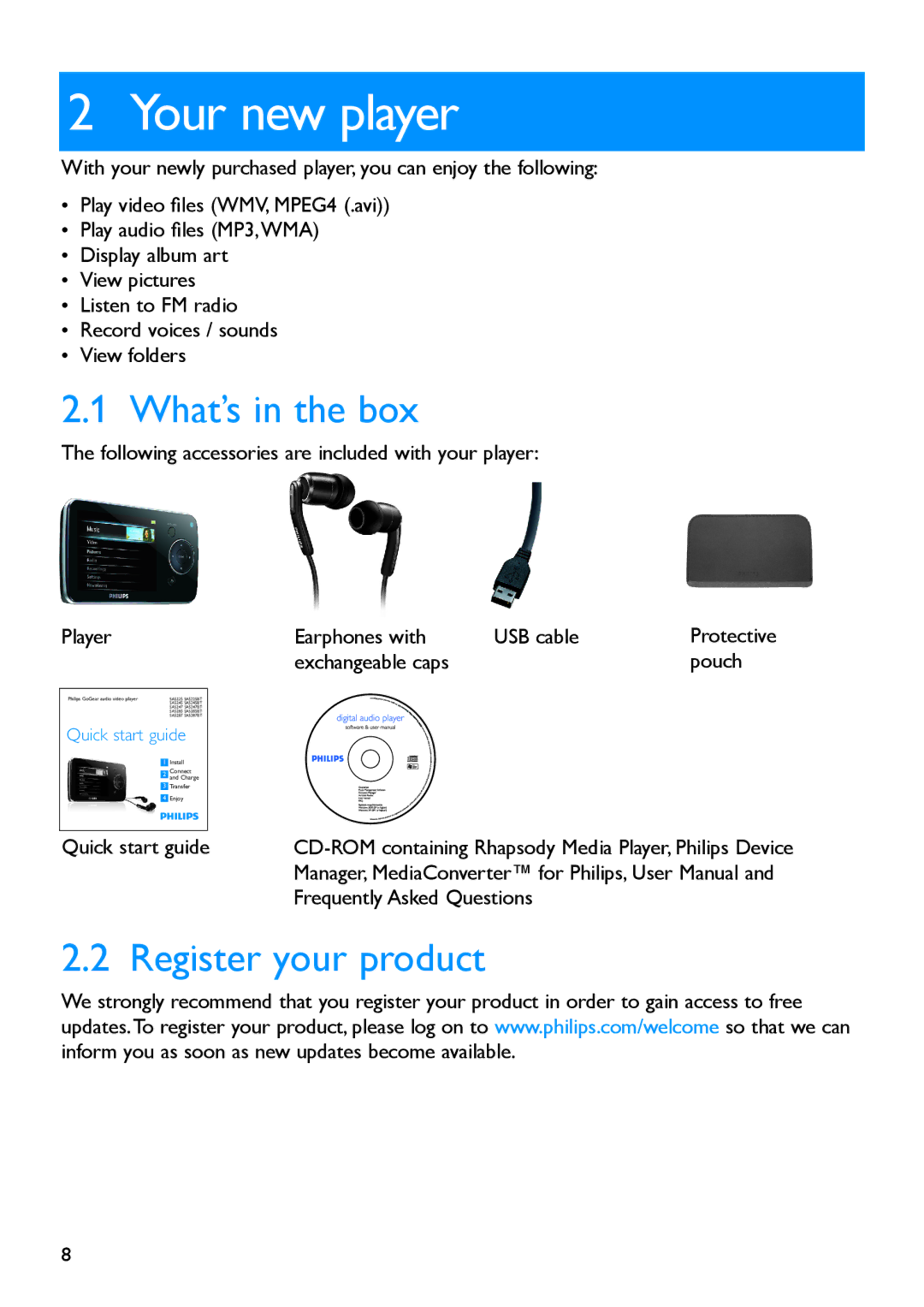 Philips SA5225BT, SA5245BT, SA5247BT, SA5285BT, SA5287BT manual Your new player, What’s in the box, Register your product 