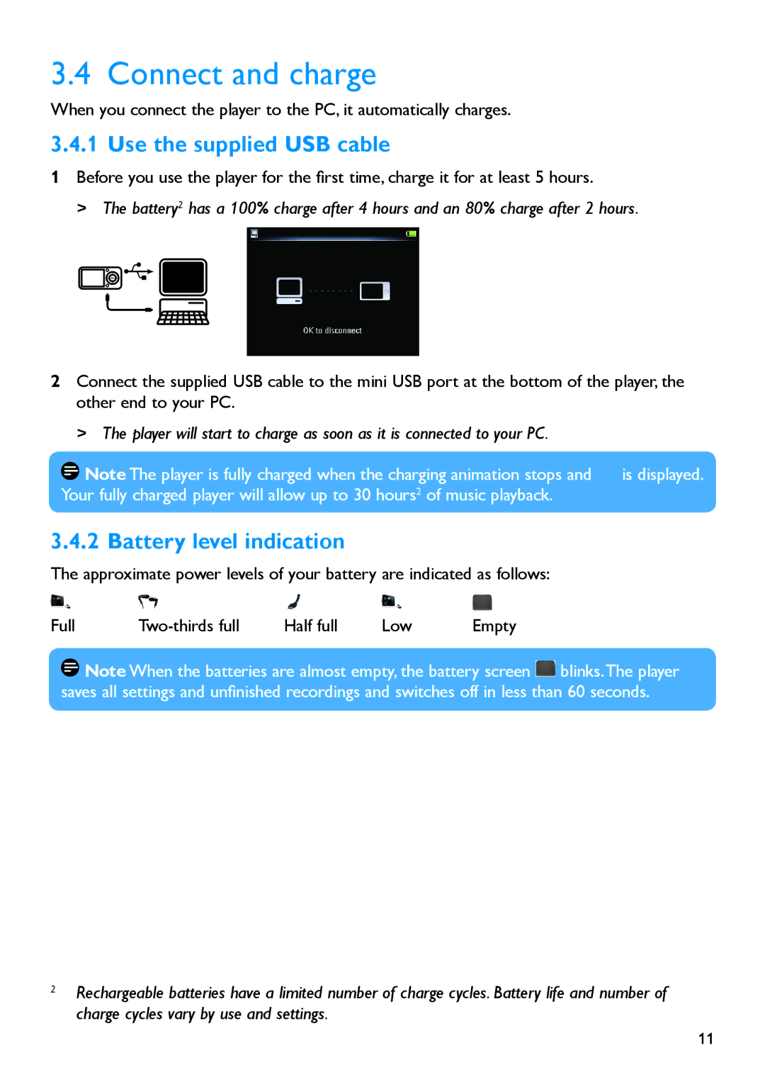 Philips SA5225BT, SA5245BT, SA5247BT, SA5285BT, SA5287BT manual Connect and charge, Use the supplied USB cable 