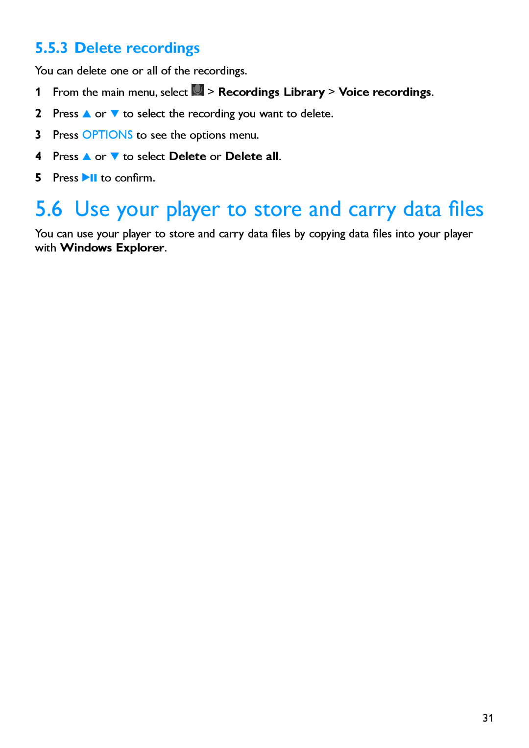 Philips SA5225BT, SA5245BT, SA5247BT, SA5285BT, SA5287BT Use your player to store and carry data files, Delete recordings 