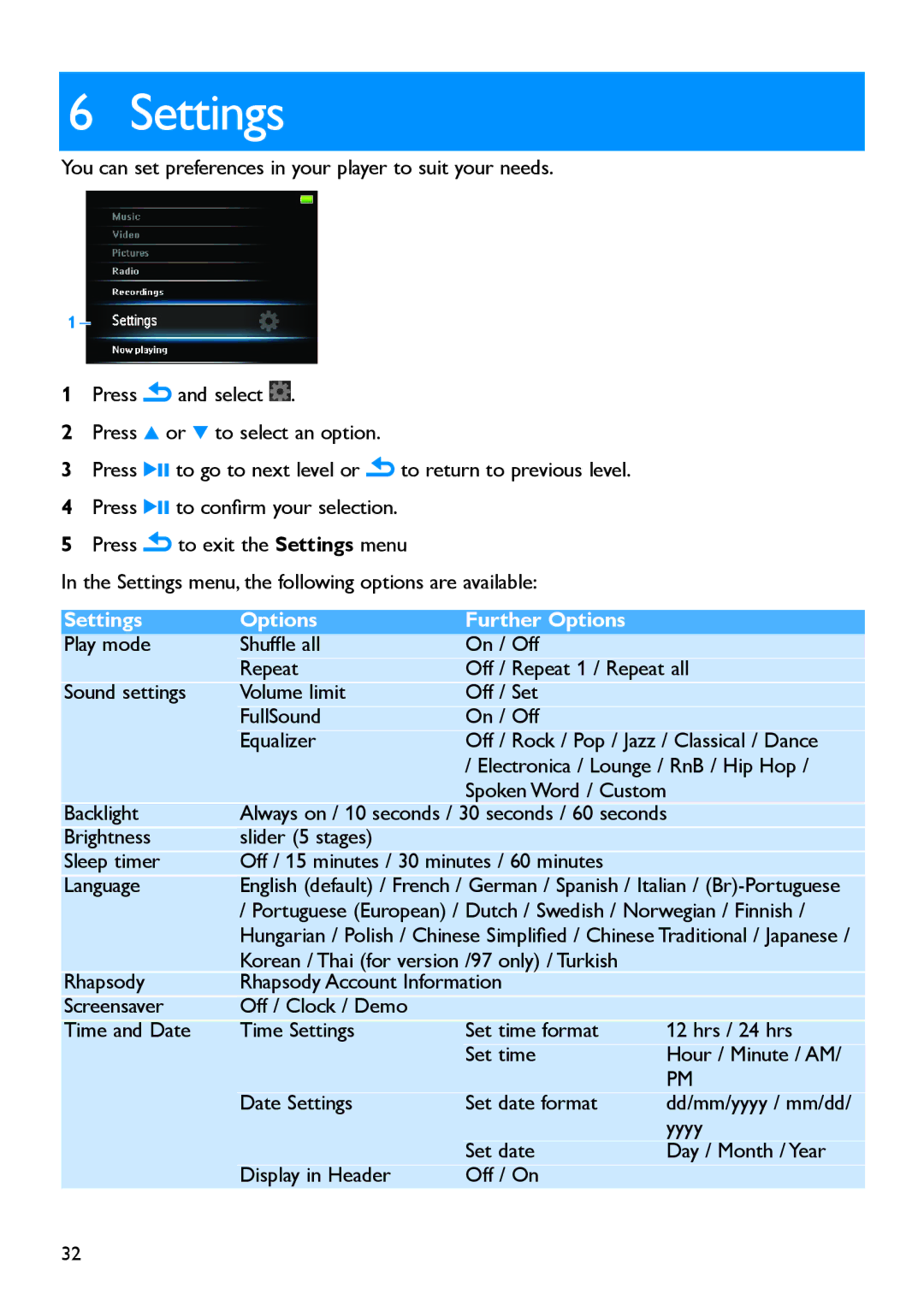 Philips SA5225BT, SA5245BT, SA5247BT, SA5285BT, SA5287BT manual Settings Options Further Options 