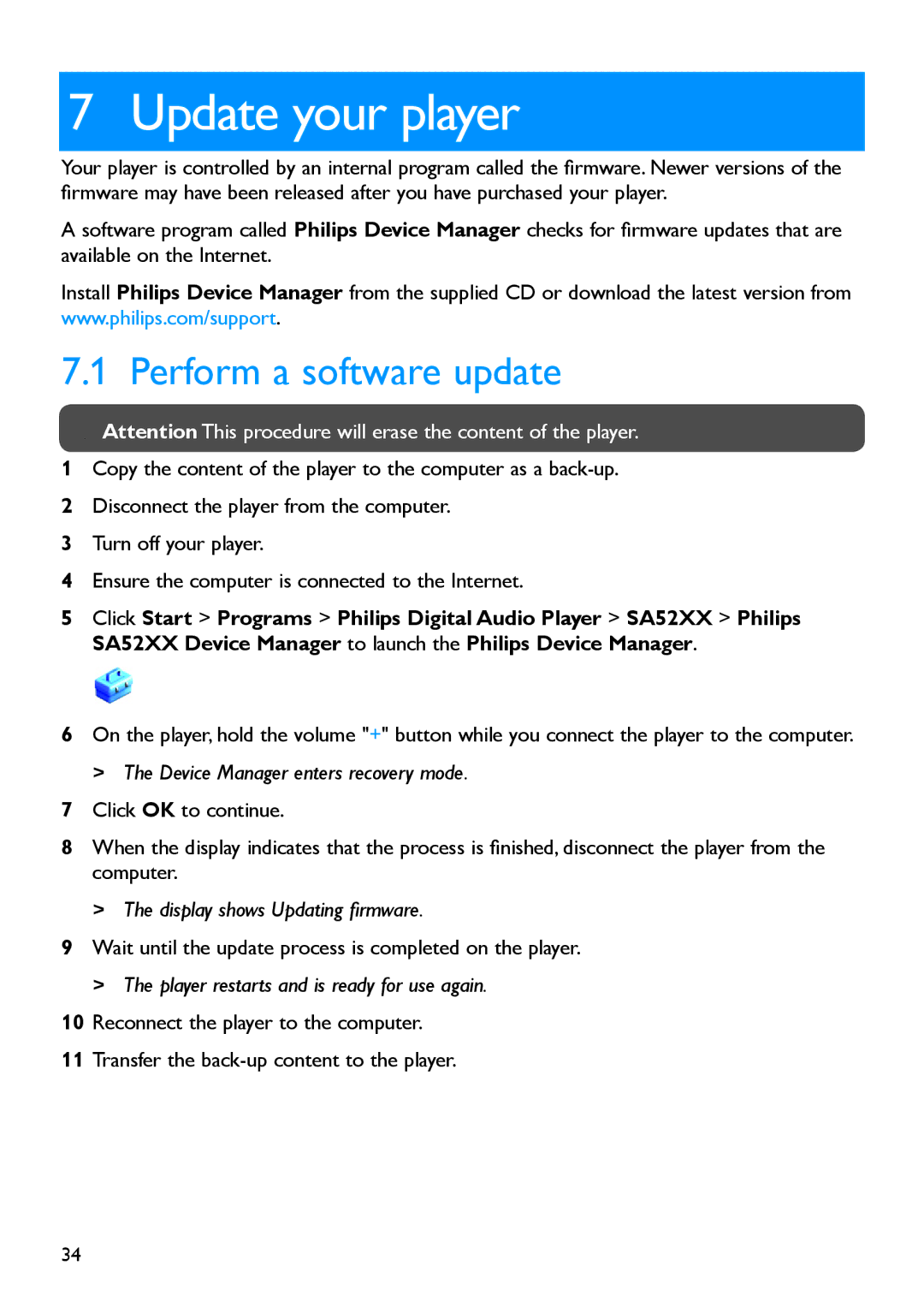 Philips SA5225BT, SA5245BT, SA5247BT, SA5285BT, SA5287BT manual Update your player, Perform a software update 