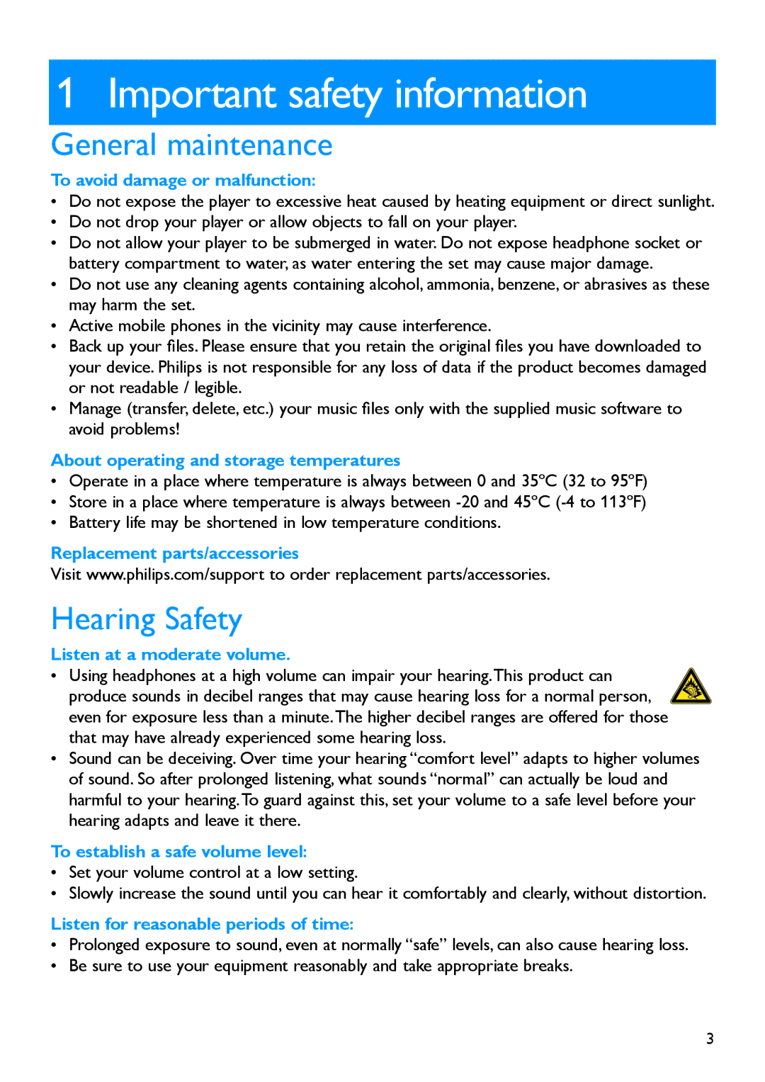 Philips SA5225BT, SA5245BT, SA5247BT, SA5285BT, SA5287BT Important safety information, General maintenance, Hearing Safety 