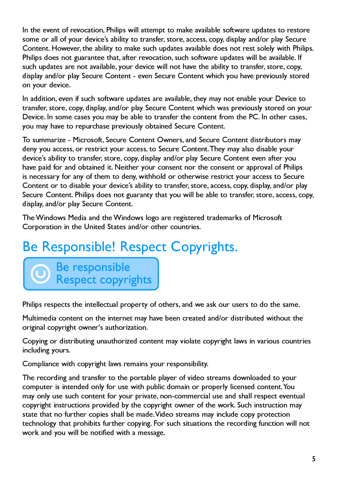 Philips SA5225BT, SA5245BT, SA5247BT, SA5285BT, SA5287BT manual Be Responsible! Respect Copyrights 