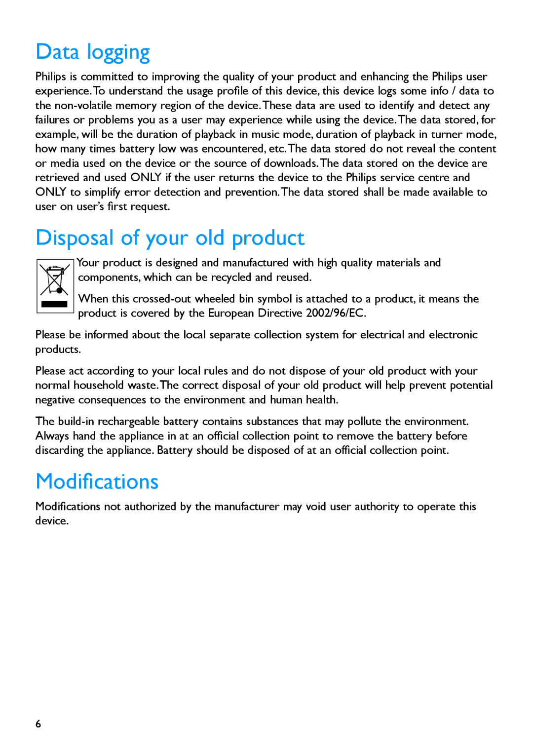 Philips SA5225BT, SA5245BT, SA5247BT, SA5285BT, SA5287BT manual Data logging, Disposal of your old product, Modifications 