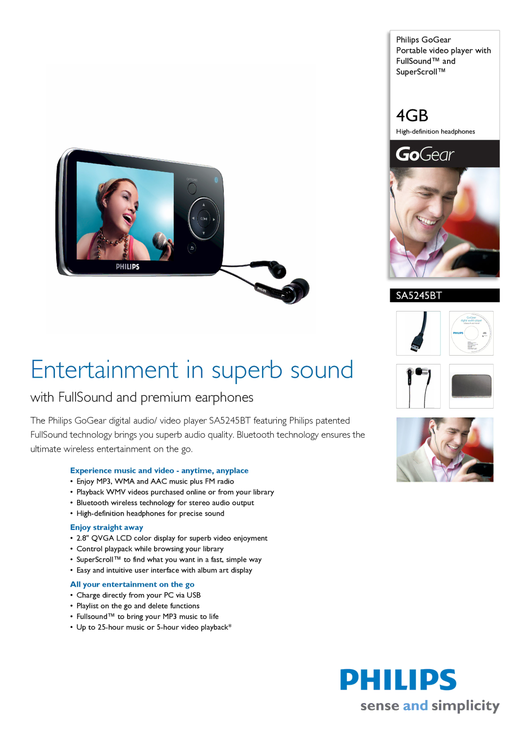 Philips SA5245BT/97 manual Experience music and video anytime, anyplace, Enjoy straight away 