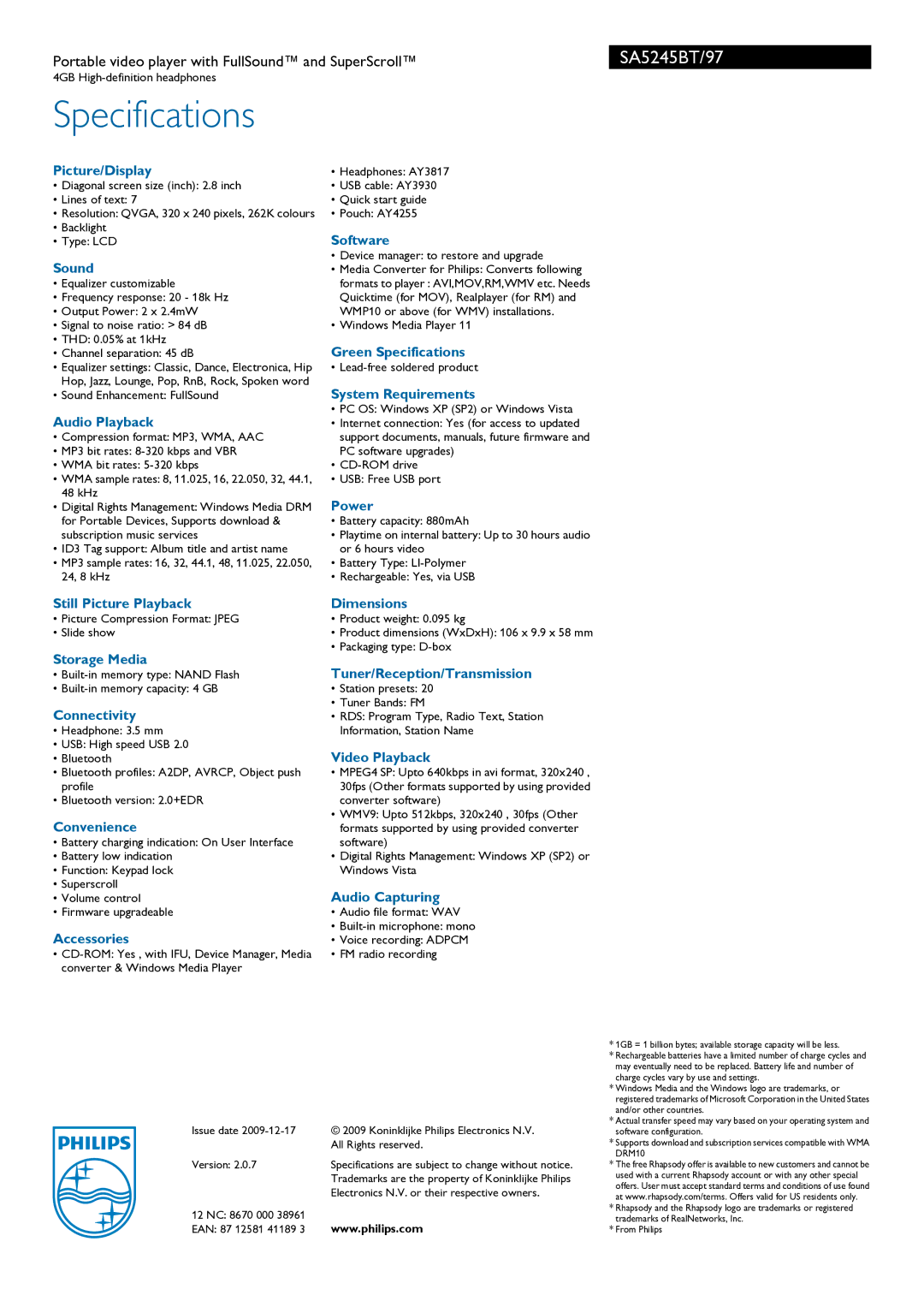 Philips SA5245BT/97 Picture/Display, Sound, Audio Playback, Software, Green Specifications, System Requirements, Power 