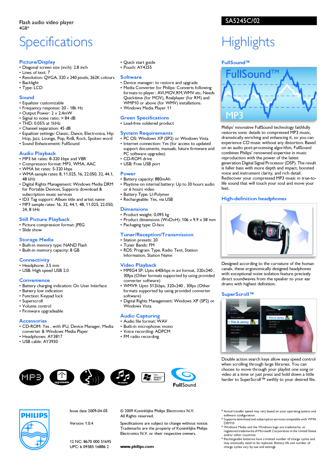 Philips SA5245C Picture/Display, Sound, Audio Playback, Still Picture Playback, Storage Media, Connectivity, Convenience 