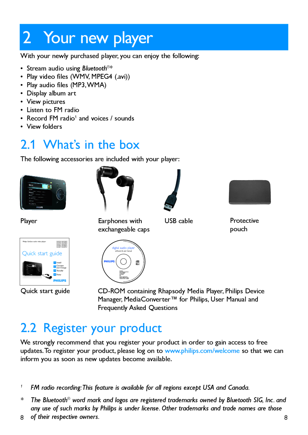 Philips SA5245BT, SA5285BT, SA5225BT, SA5287BT, SA5247BT manual Your new player, What’s in the box, Register your product 