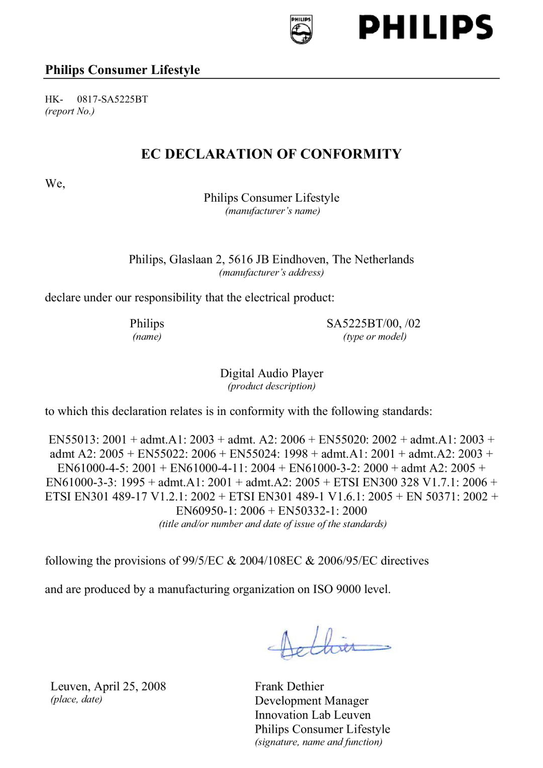 Philips SA5287BT, SA5285BT, SA5225BT, SA5245BT, SA5247BT manual EC Declaration of Conformity 