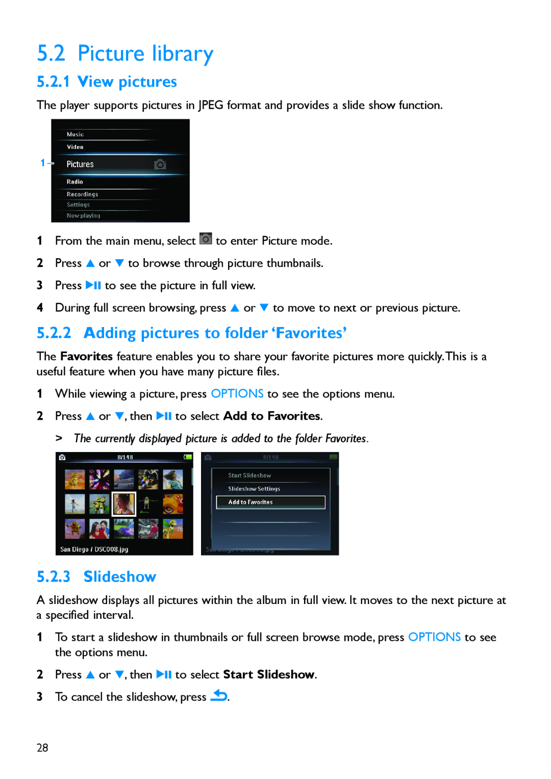 Philips SA5245BT, SA5285BT, SA5225BT manual Picture library, View pictures, Adding pictures to folder ‘Favorites’, Slideshow 