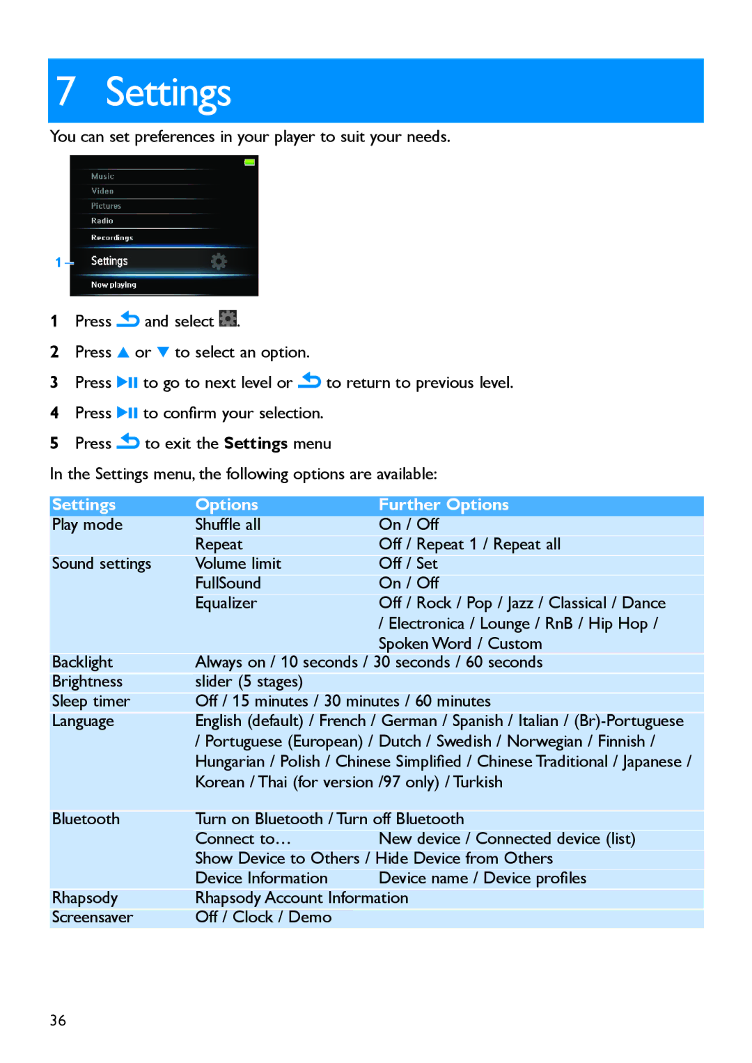 Philips SA5225BT, SA5285BT, SA5287BT, SA5245BT, SA5247BT manual Settings Options Further Options 