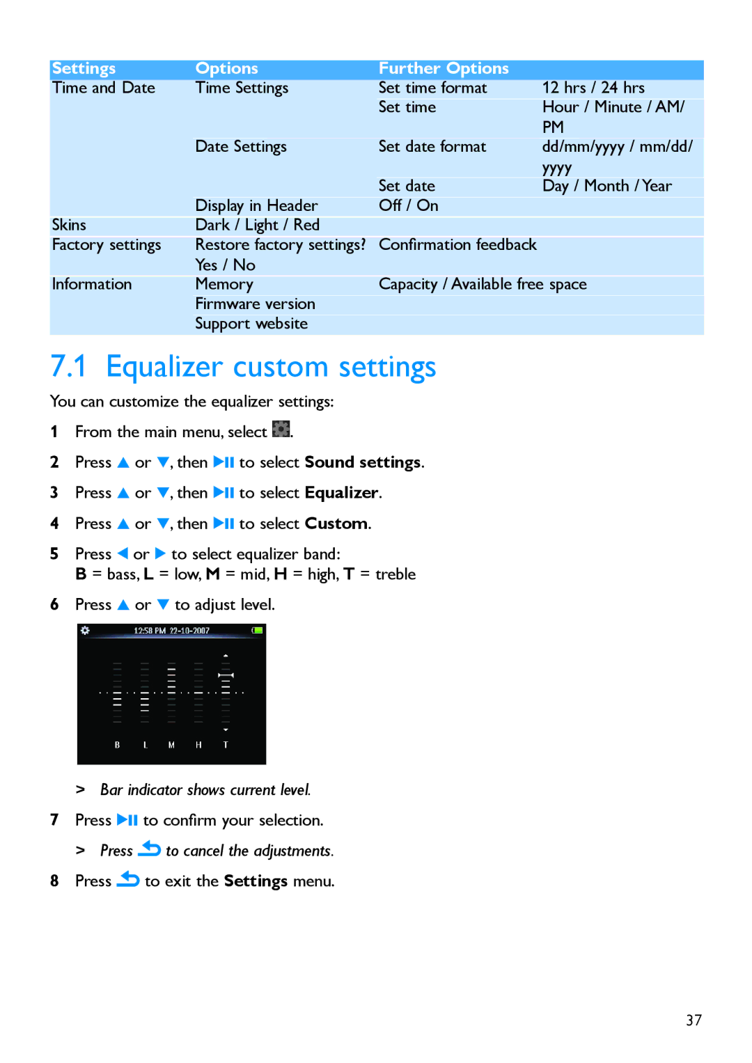 Philips SA5287BT, SA5285BT, SA5225BT, SA5245BT, SA5247BT manual Equalizer custom settings 