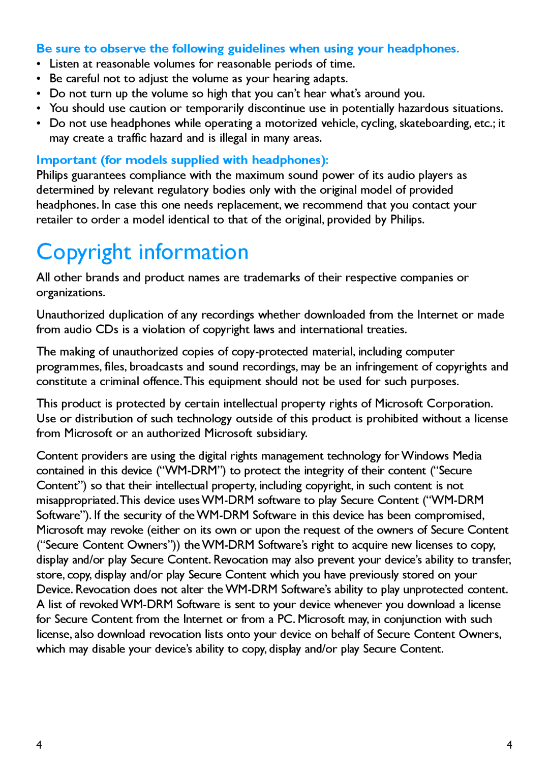 Philips SA5247BT, SA5285BT, SA5225BT, SA5287BT, SA5245BT Copyright information, Important for models supplied with headphones 