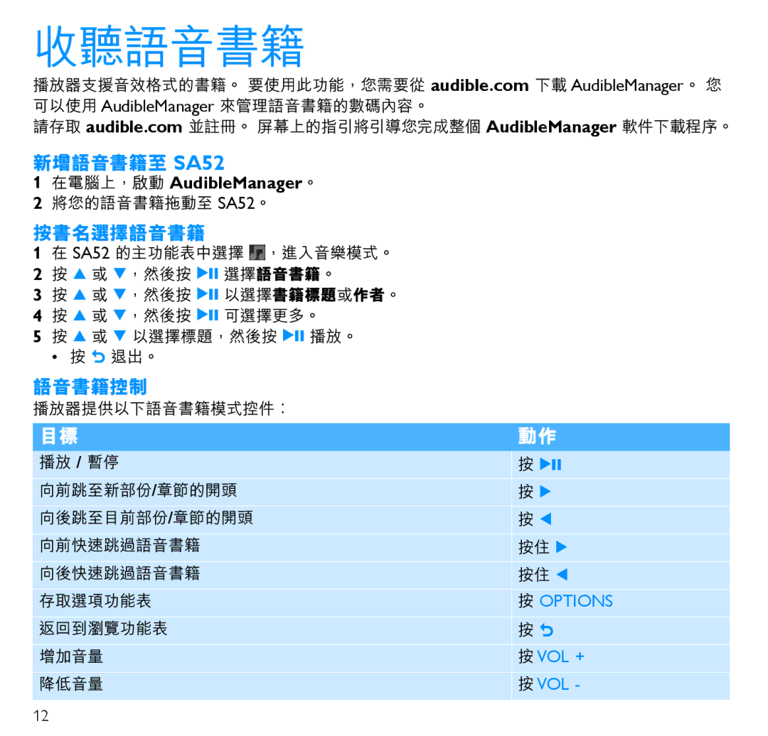 Philips SA5247BT, SA5285BT, SA5225BT, SA5287BT, SA5245BT manual 收聽語音書籍, 新增語音書籍至 SA52, 按書名選擇語音書籍, 語音書籍控制 