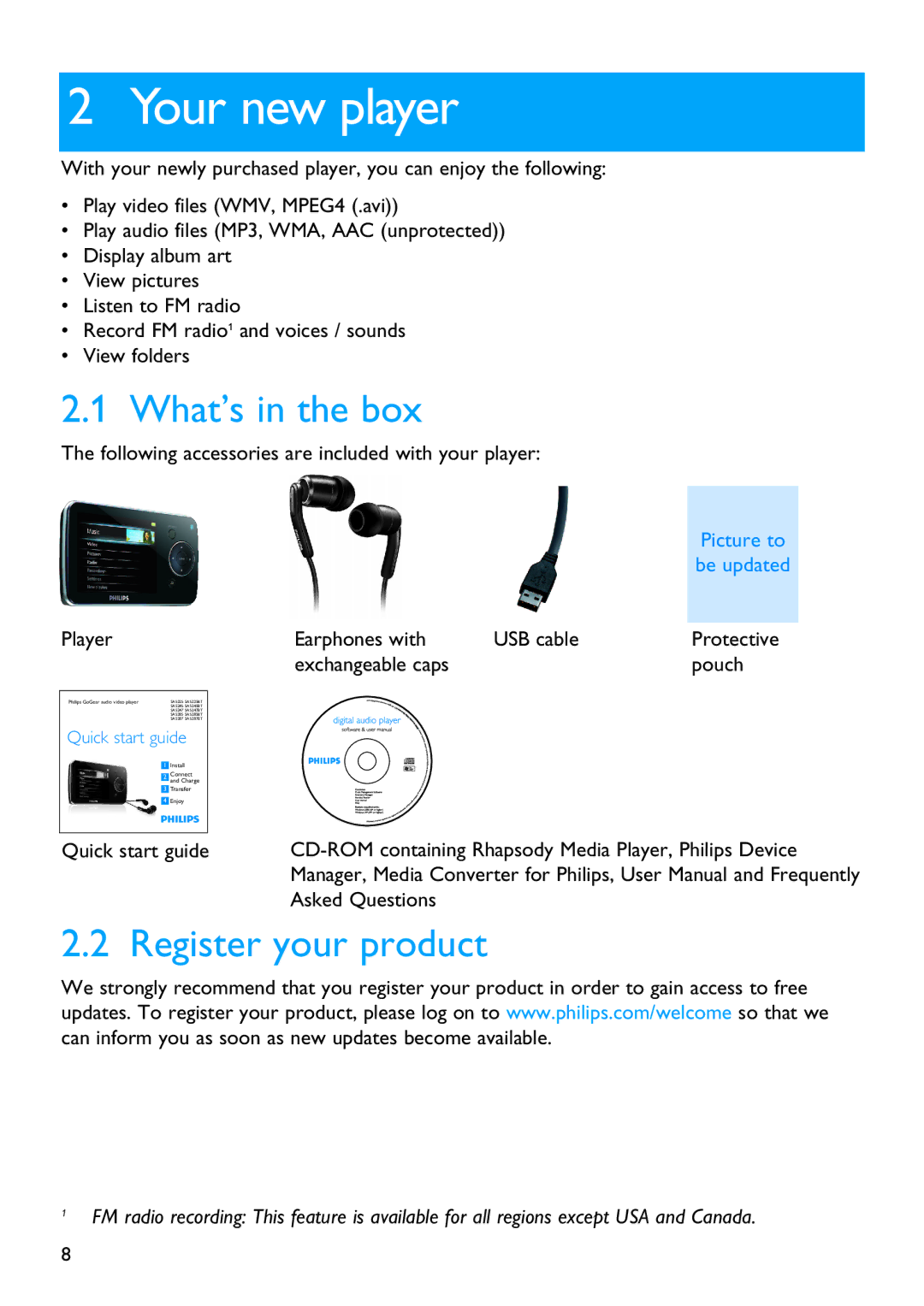 Philips SA5287, SA5245, SA5285, SA5247, SA5225 manual Your new player, What’s in the box, Register your product 