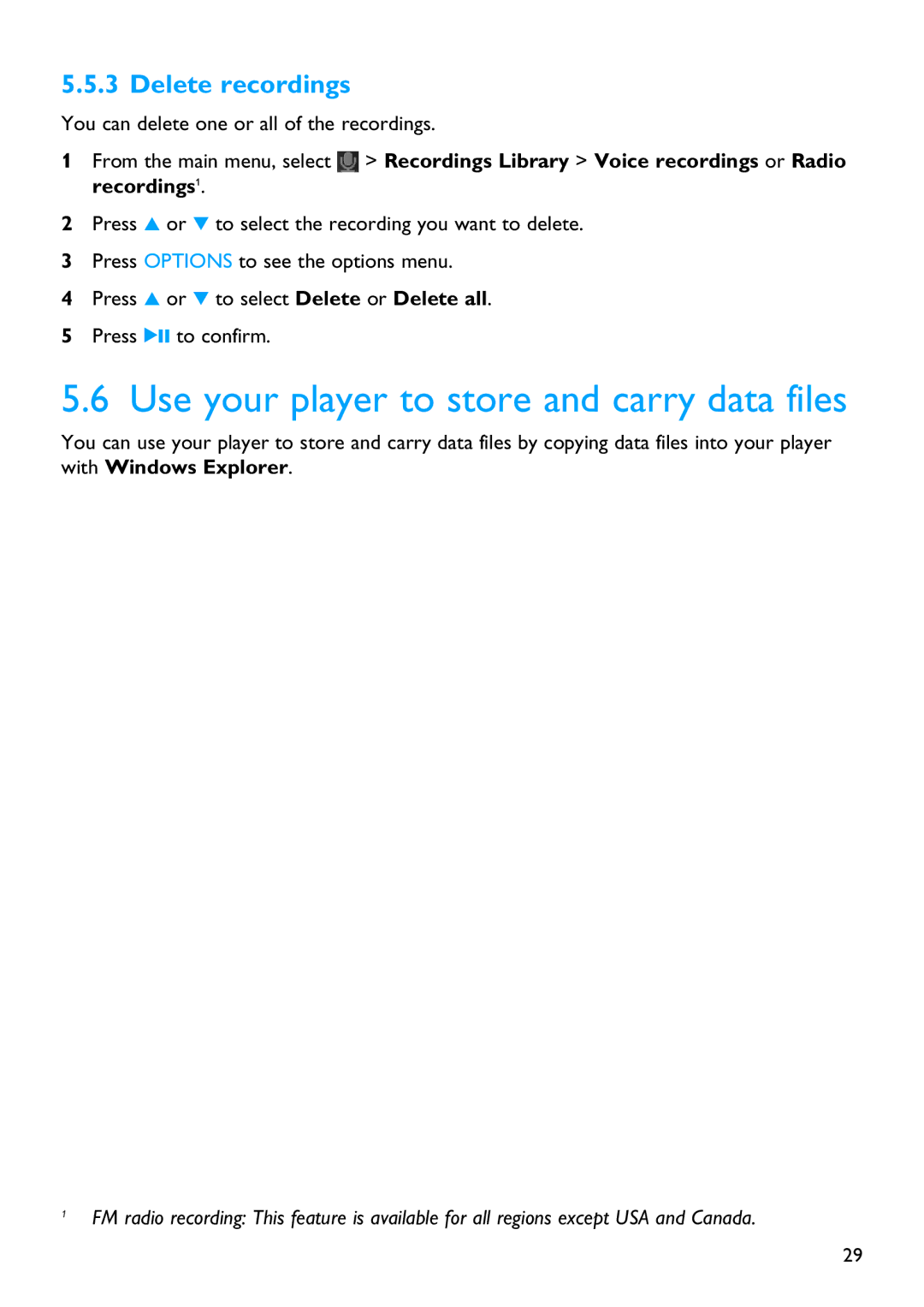 Philips SA5245, SA5287, SA5285, SA5247, SA5225 manual Use your player to store and carry data files, Delete recordings 