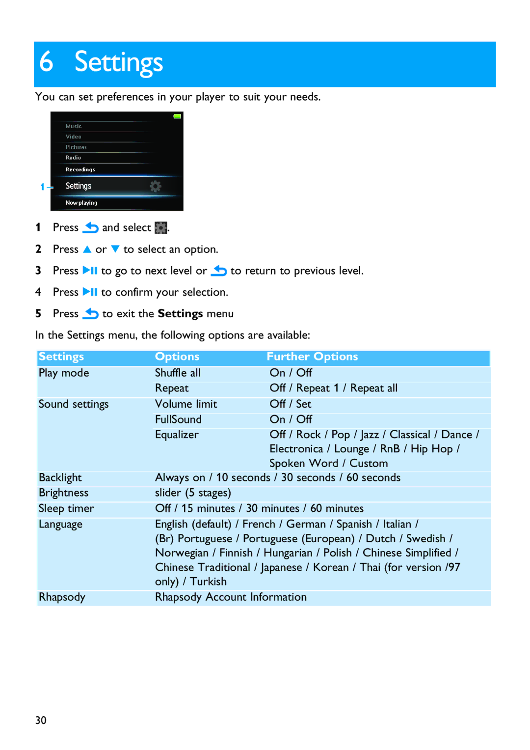 Philips SA5285, SA5287, SA5245, SA5247, SA5225 manual Settings Options Further Options 