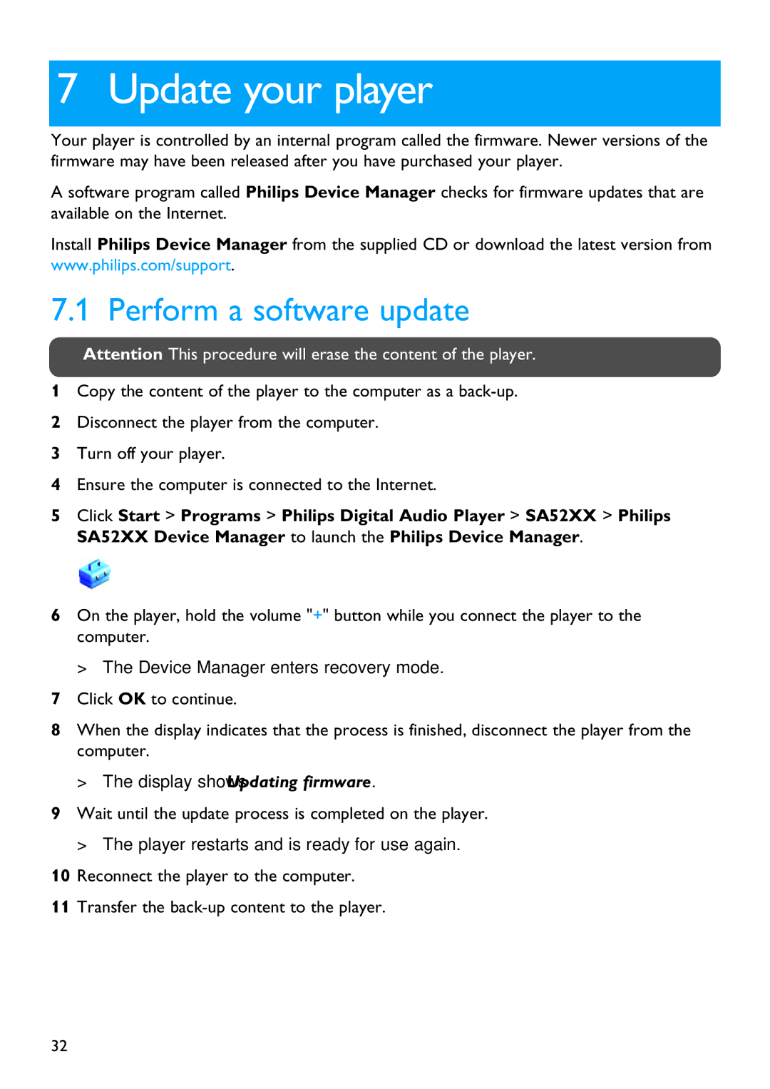 Philips SA5225, SA5287, SA5245, SA5285, SA5247 manual Update your player, Perform a software update 