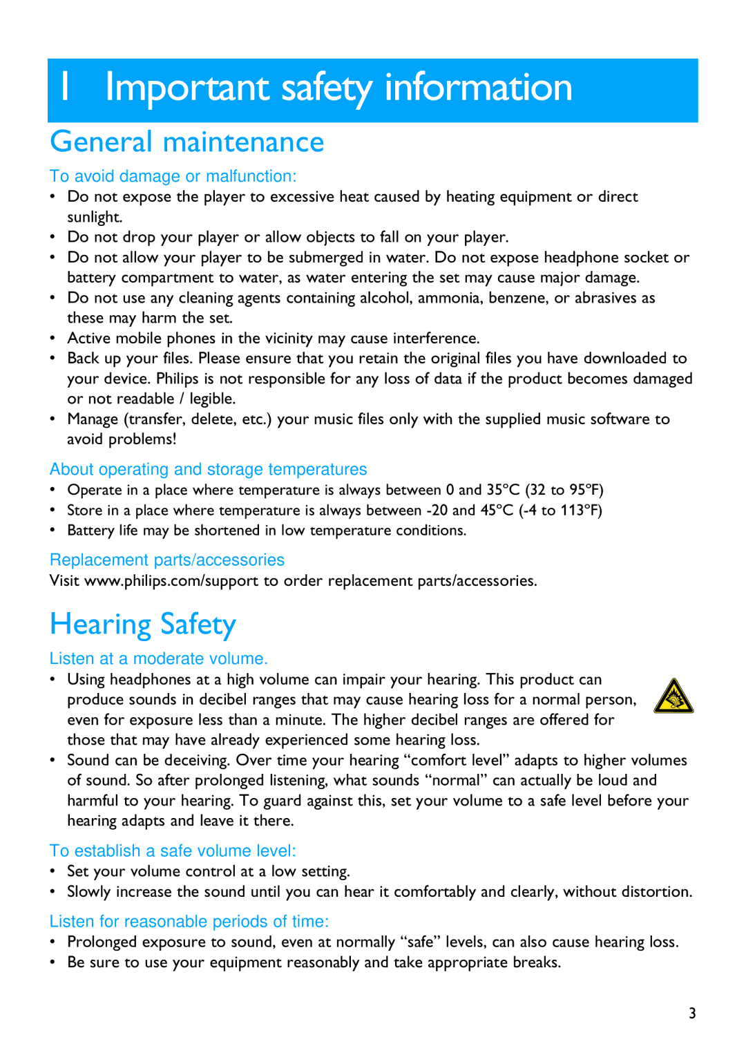 Philips SA5287, SA5245, SA5285, SA5247, SA5225 manual Important safety information, General maintenance, Hearing Safety 