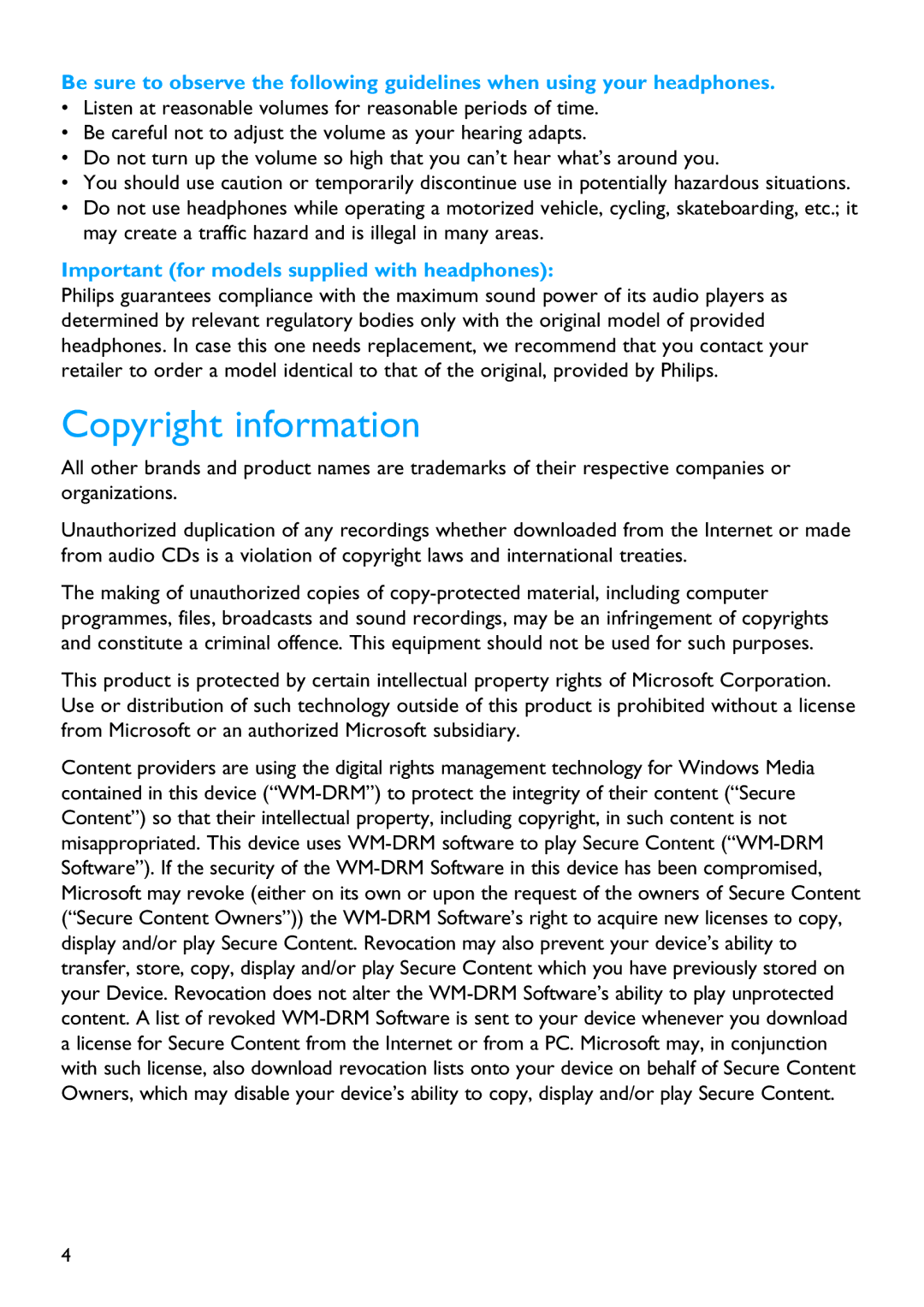 Philips SA5245, SA5287, SA5285, SA5247, SA5225 manual Copyright information, Important for models supplied with headphones 