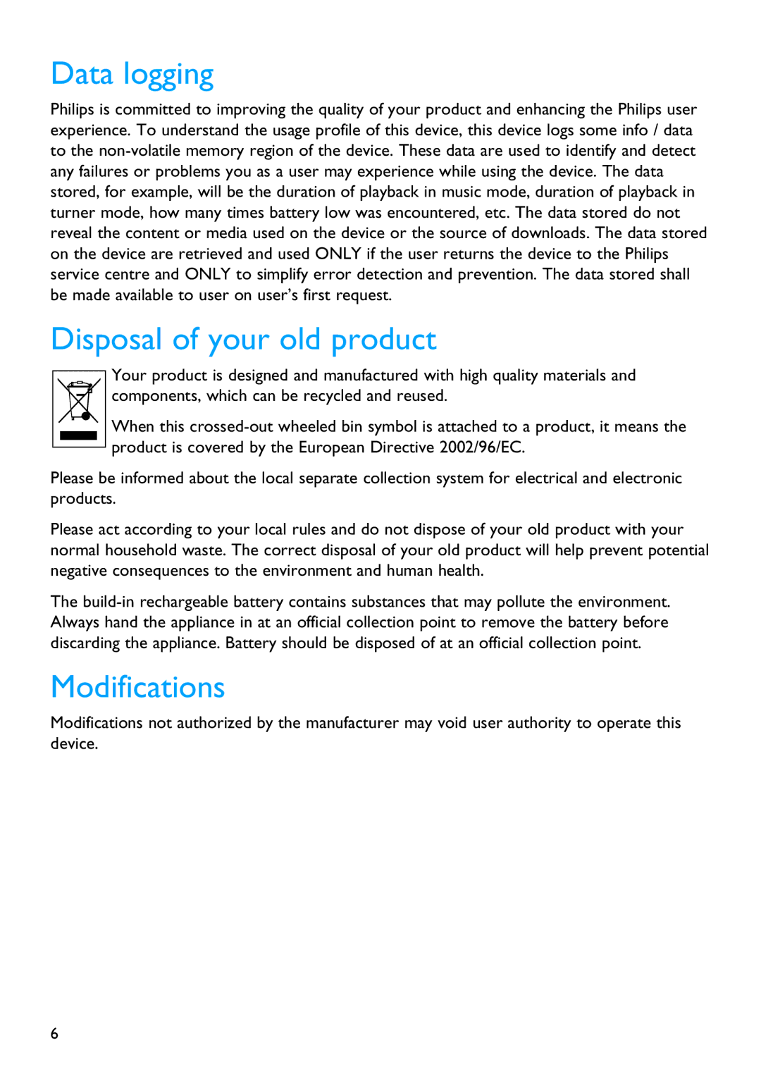 Philips SA5247, SA5287, SA5245, SA5285, SA5225 manual Data logging, Disposal of your old product, Modifications 