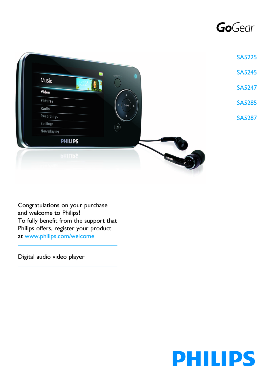 Philips manual SA5225 SA5245 SA5247 SA5285 SA5287, Digital audio video player 