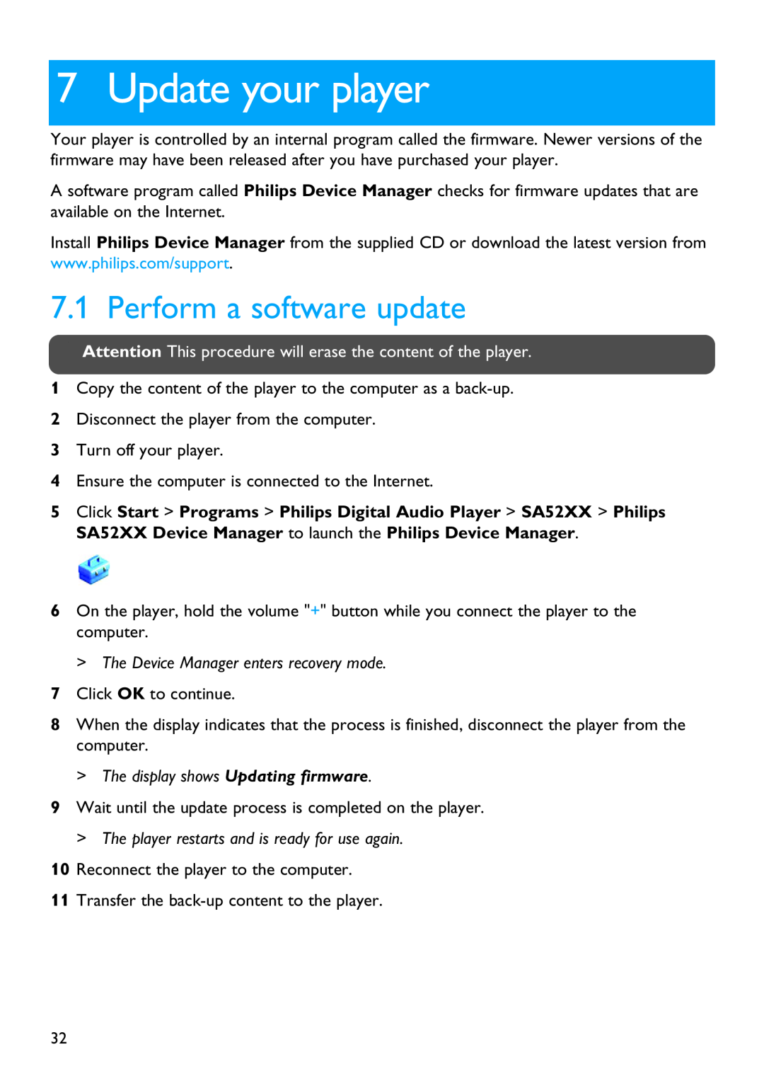 Philips SA5225, SA5287, SA5245, SA5285, SA5247 manual Update your player, Perform a software update 