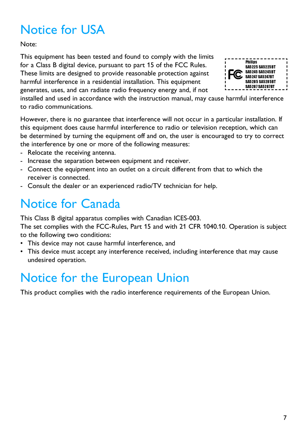 Philips SA5225, SA5287, SA5245, SA5285, SA5247 manual Notice for USA, Notice for Canada, Notice for the European Union 
