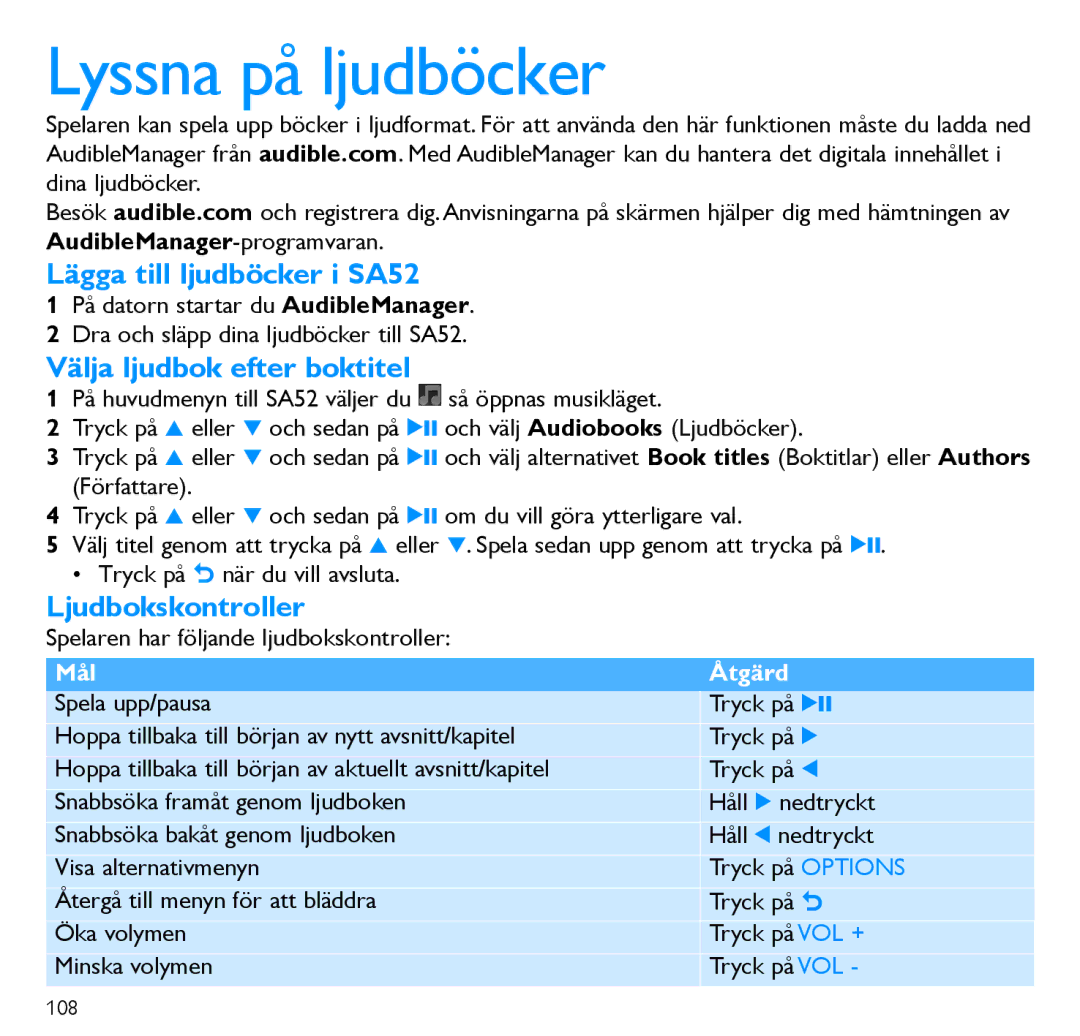 Philips SA5285 manual Lyssna på ljudböcker, Lägga till ljudböcker i SA52, Välja ljudbok efter boktitel, Ljudbokskontroller 