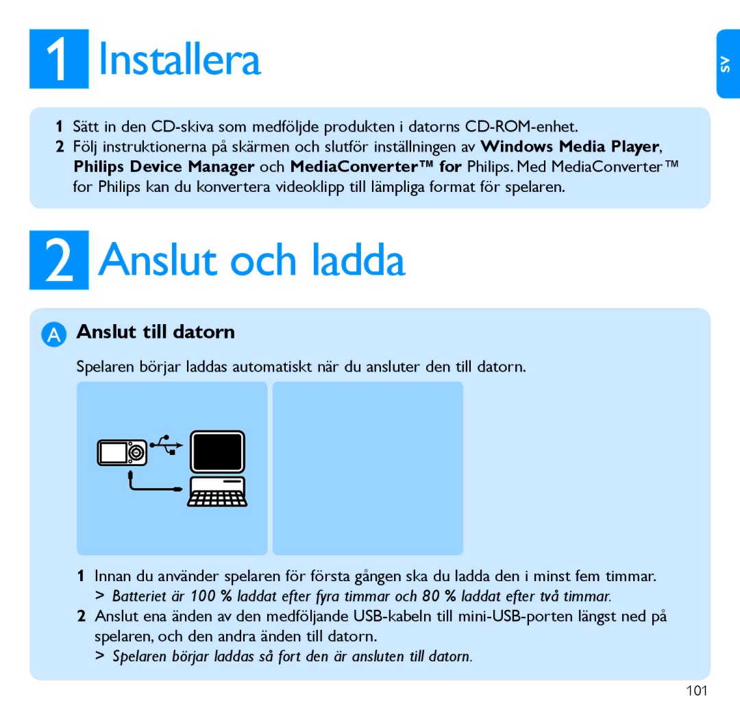 Philips SA5245, SA5287, SA5285, SA5247, SA5295, SA5225 manual Installera, Anslut och ladda 