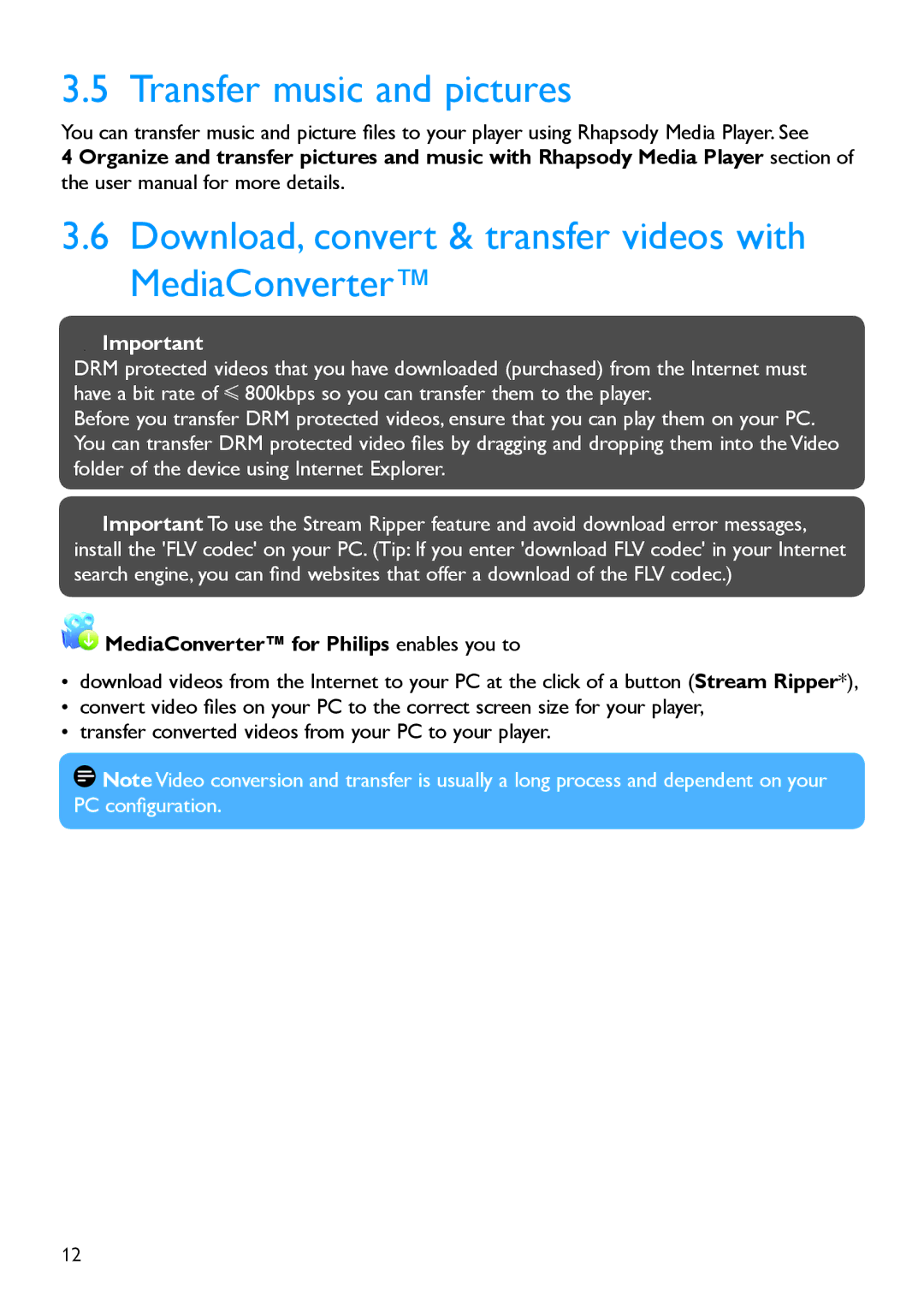 Philips SA5295, SA5225 manual Transfer music and pictures, Download, convert & transfer videos with MediaConverter 