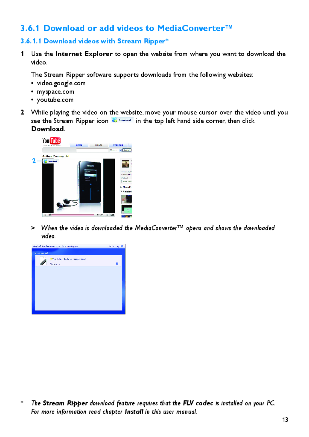 Philips SA5225, SA5295 manual Download or add videos to MediaConverter, Download videos with Stream Ripper 