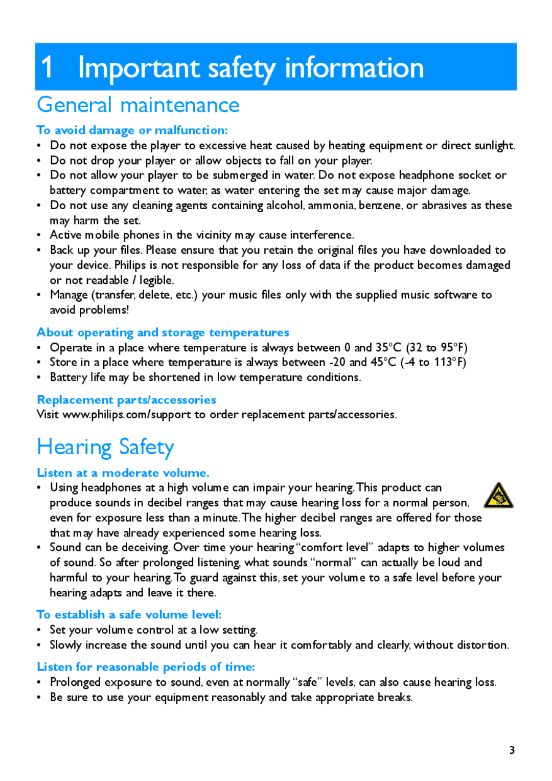 Philips SA5225, SA5295 manual Important safety information, General maintenance, Hearing Safety 