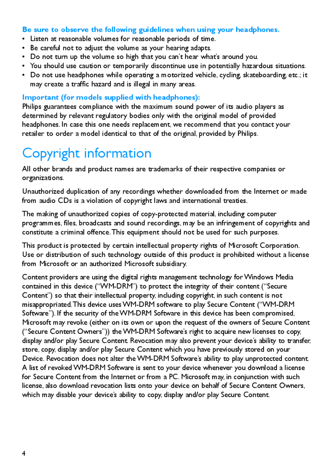 Philips SA5295, SA5225 manual Copyright information, Important for models supplied with headphones 