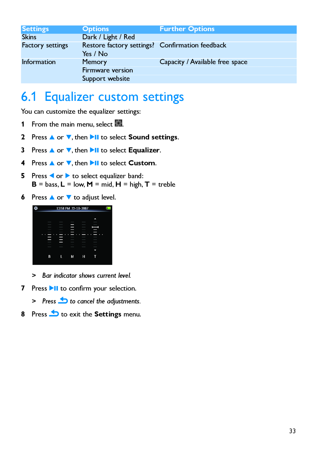 Philips SA5225, SA5295 manual Equalizer custom settings, Settings, Further Options 