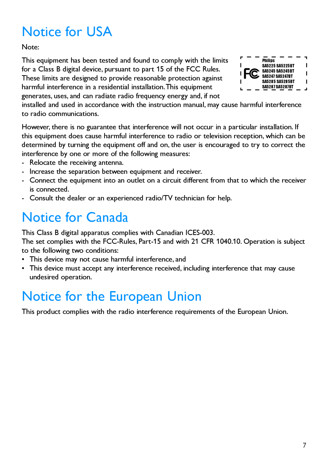 Philips SA5225, SA5295 manual Notice for USA, Notice for Canada, Notice for the European Union 
