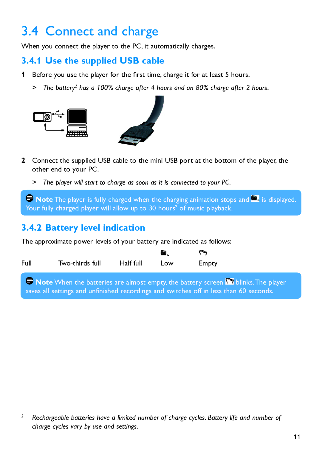 Philips SA5245BT, SA5295BT, SA5285BT, SA5225BT manual Connect and charge, Use the supplied USB cable, Battery level indication 