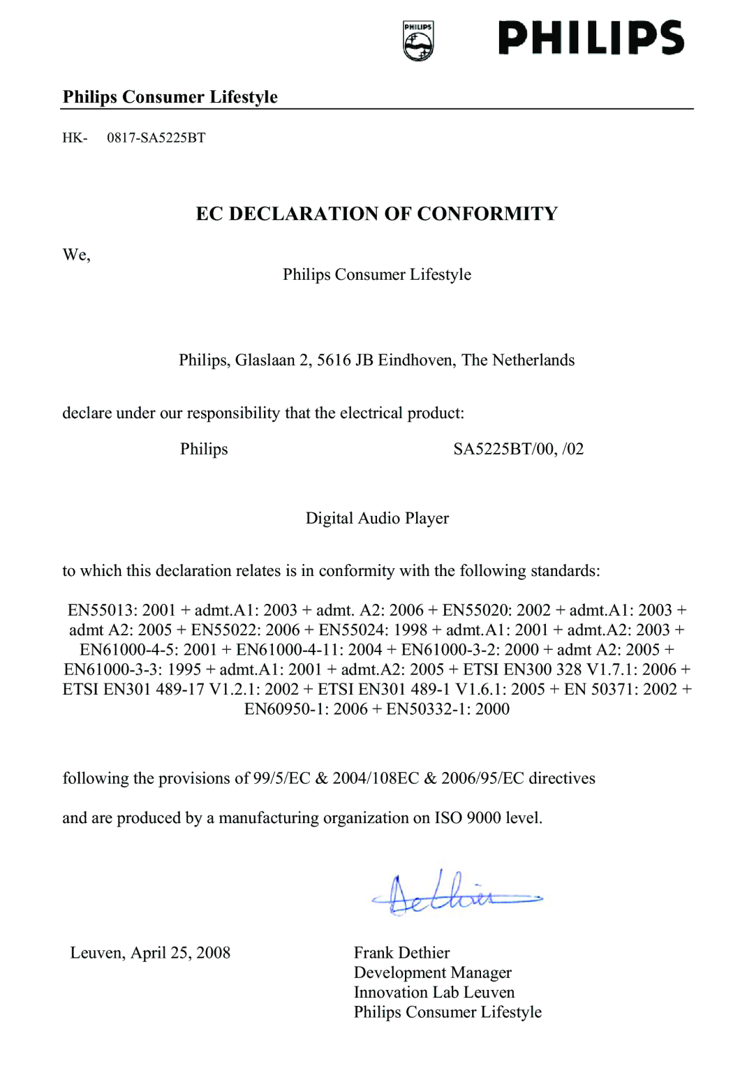 Philips SA5225BT, SA5295BT, SA5285BT, SA5287BT, SA5245BT, SA5247BT manual EC Declaration of Conformity 