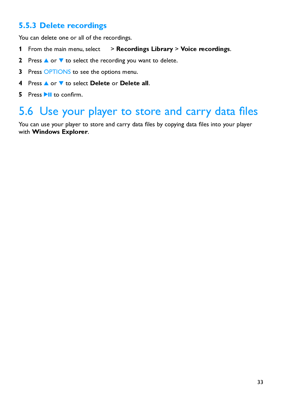 Philips SA5225BT, SA5295BT, SA5285BT, SA5287BT, SA5245BT Use your player to store and carry data files, Delete recordings 