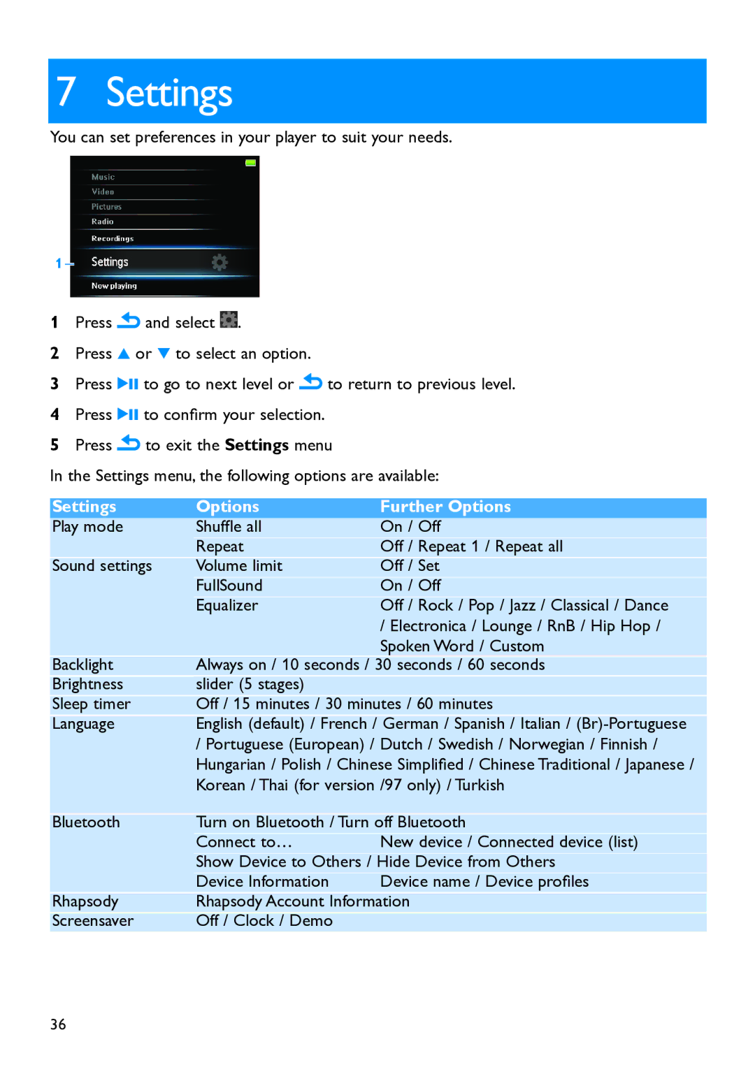 Philips SA5247BT, SA5295BT, SA5285BT, SA5225BT, SA5287BT, SA5245BT manual Settings Options Further Options 