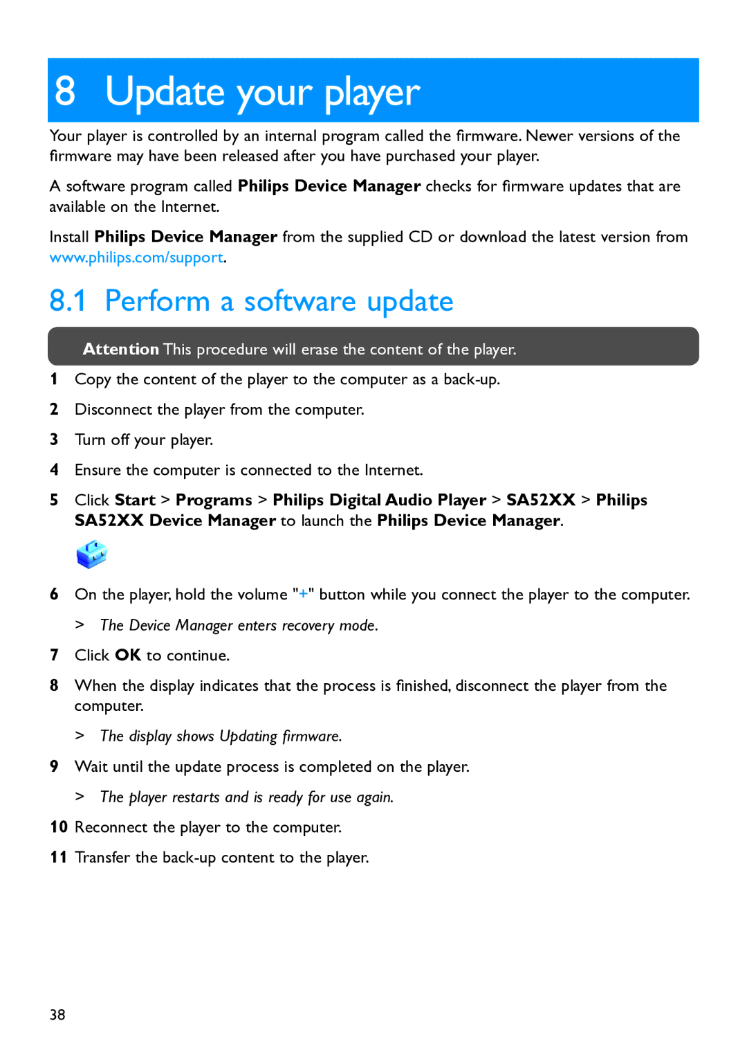 Philips SA5285BT, SA5295BT, SA5225BT, SA5287BT, SA5245BT, SA5247BT manual Update your player, Perform a software update 