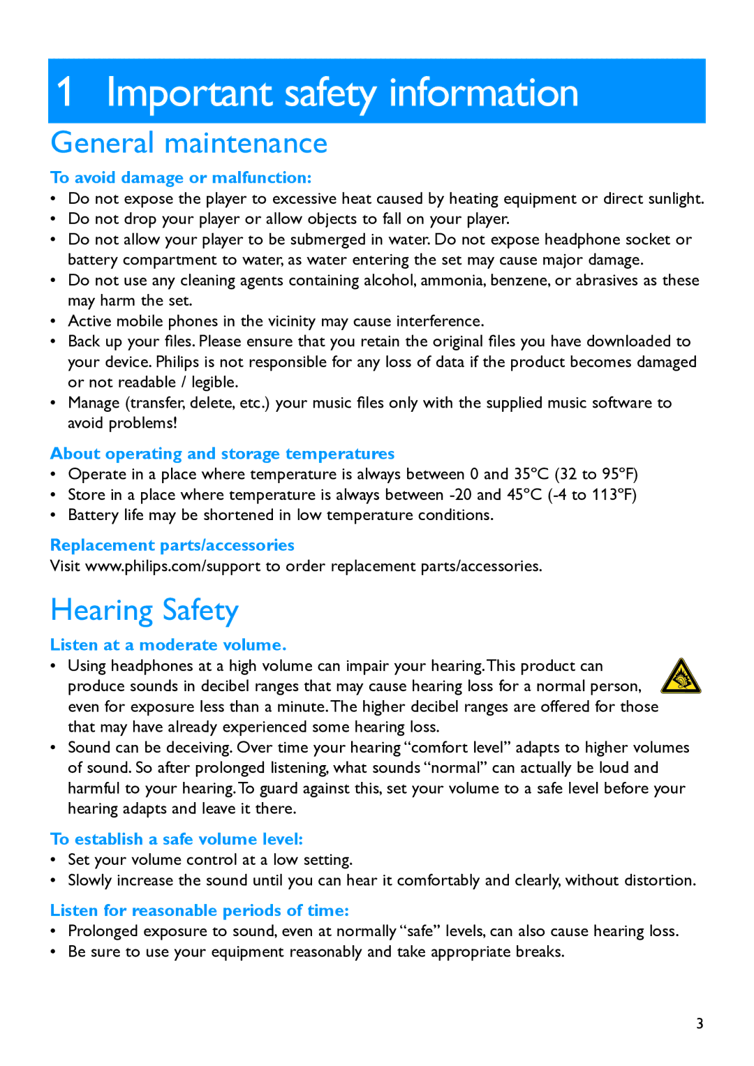 Philips SA5225BT, SA5295BT, SA5285BT, SA5287BT, SA5245BT Important safety information, General maintenance, Hearing Safety 