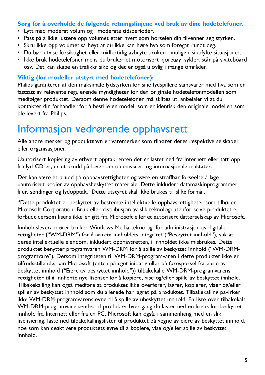 Philips SA5247BT, SA5295BT, SA5285BT manual Informasjon vedrørende opphavsrett, Viktig for modeller utstyrt med hodetelefoner 