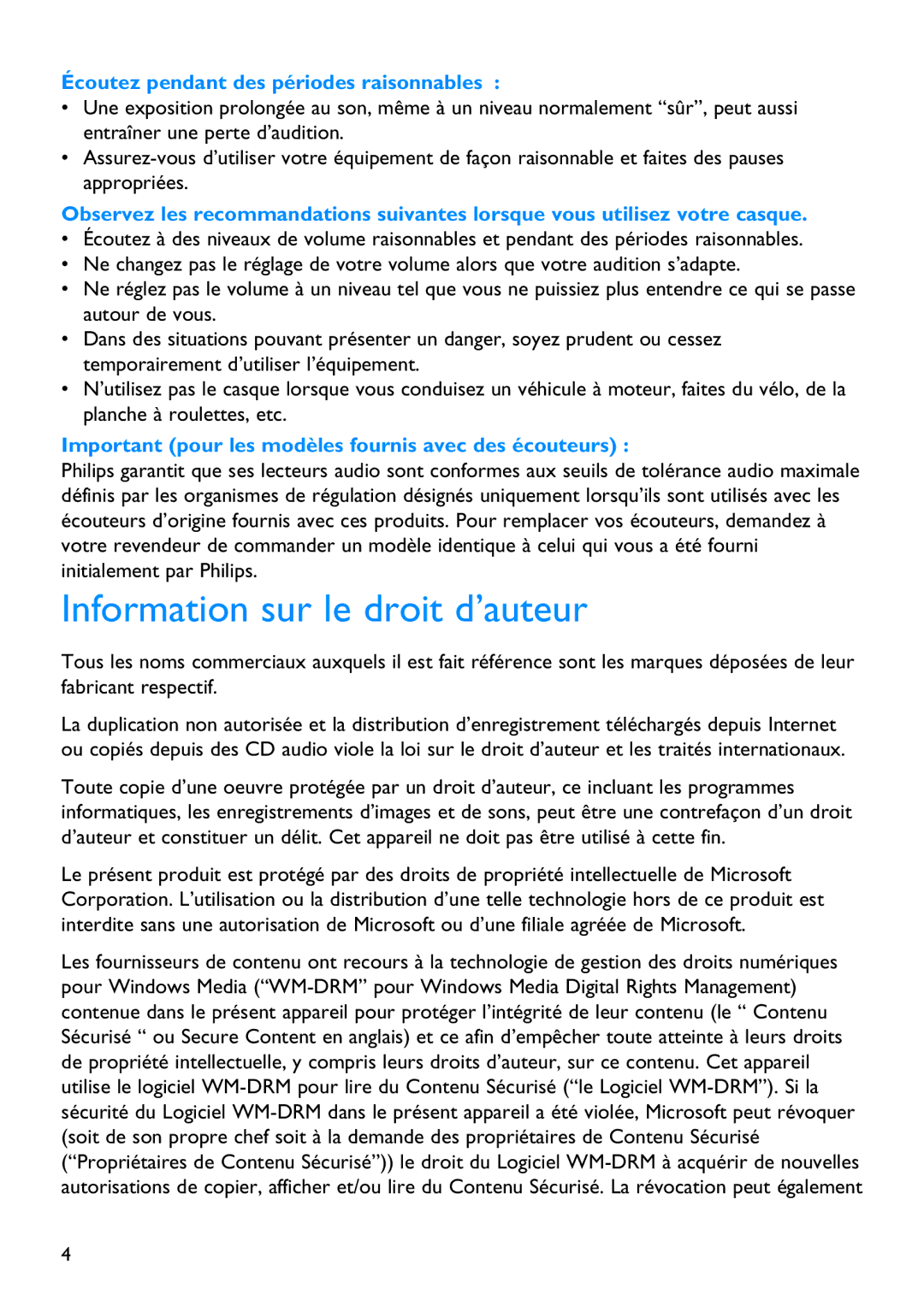 Philips SA5295BT manual Information sur le droit d’auteur, Écoutez pendant des périodes raisonnables 