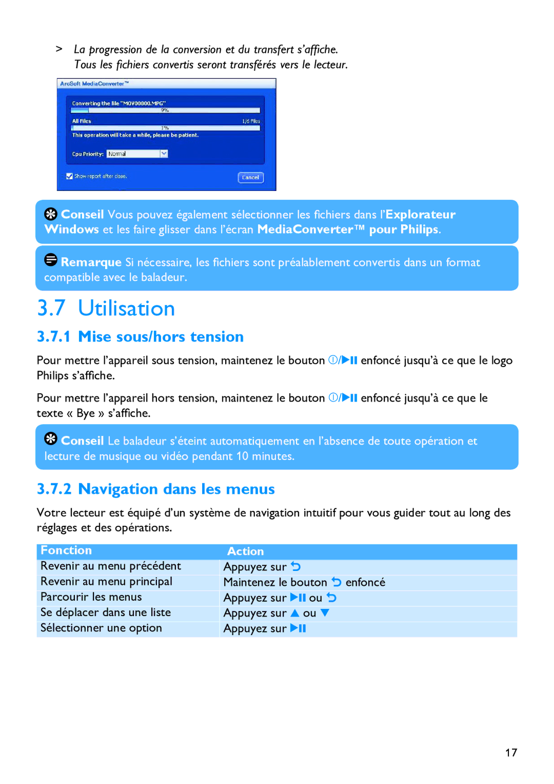 Philips SA5295BT manual Utilisation 