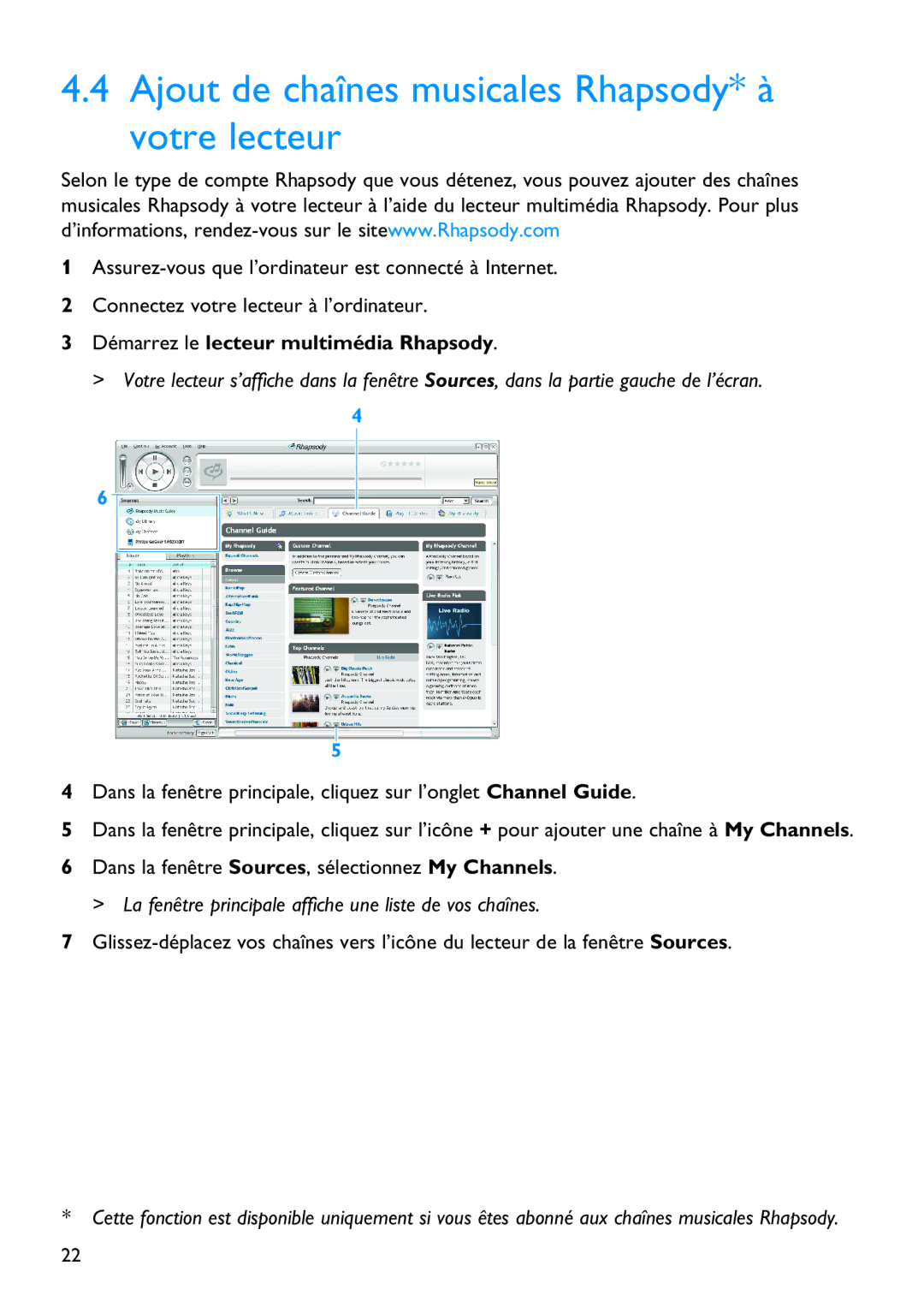 Philips SA5295BT manual Ajout de chaînes musicales Rhapsody* à votre lecteur 